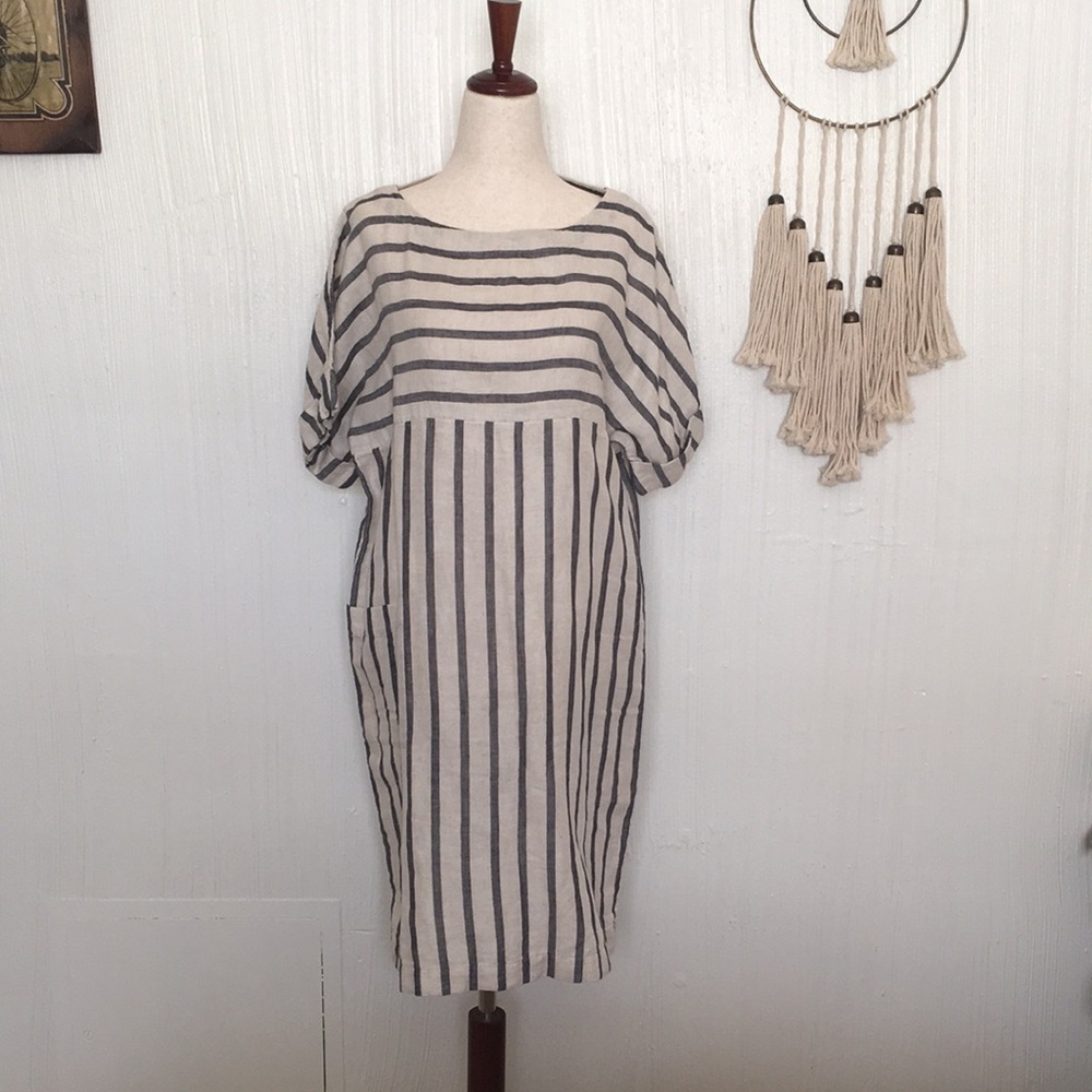 Eileen Fisher linen organic cotton striped dress blue natural XS nautical resort